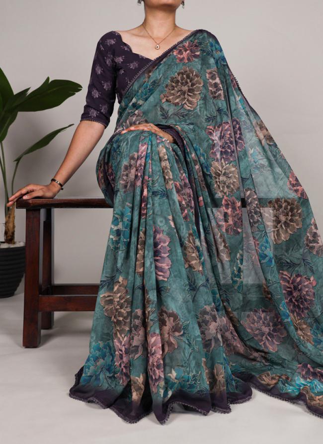 Georgette Aqua Blue Casual Wear Printed Saree